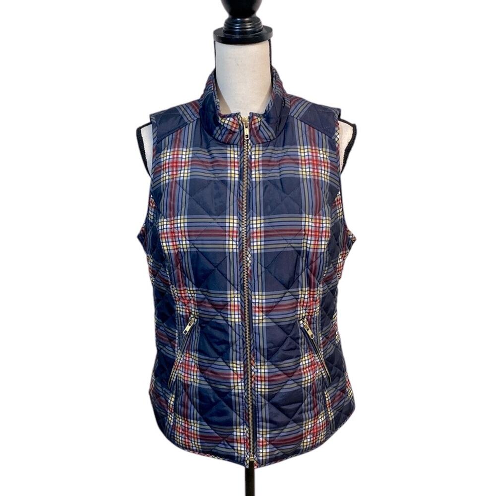 Crown & Ivy Navy Multi Plaid Zip Front Women's Puffer Vest Medium